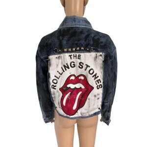 Upcycled Vintage Denim Jacket Rolling Stones Rock Rave Studded Punk Grunge L